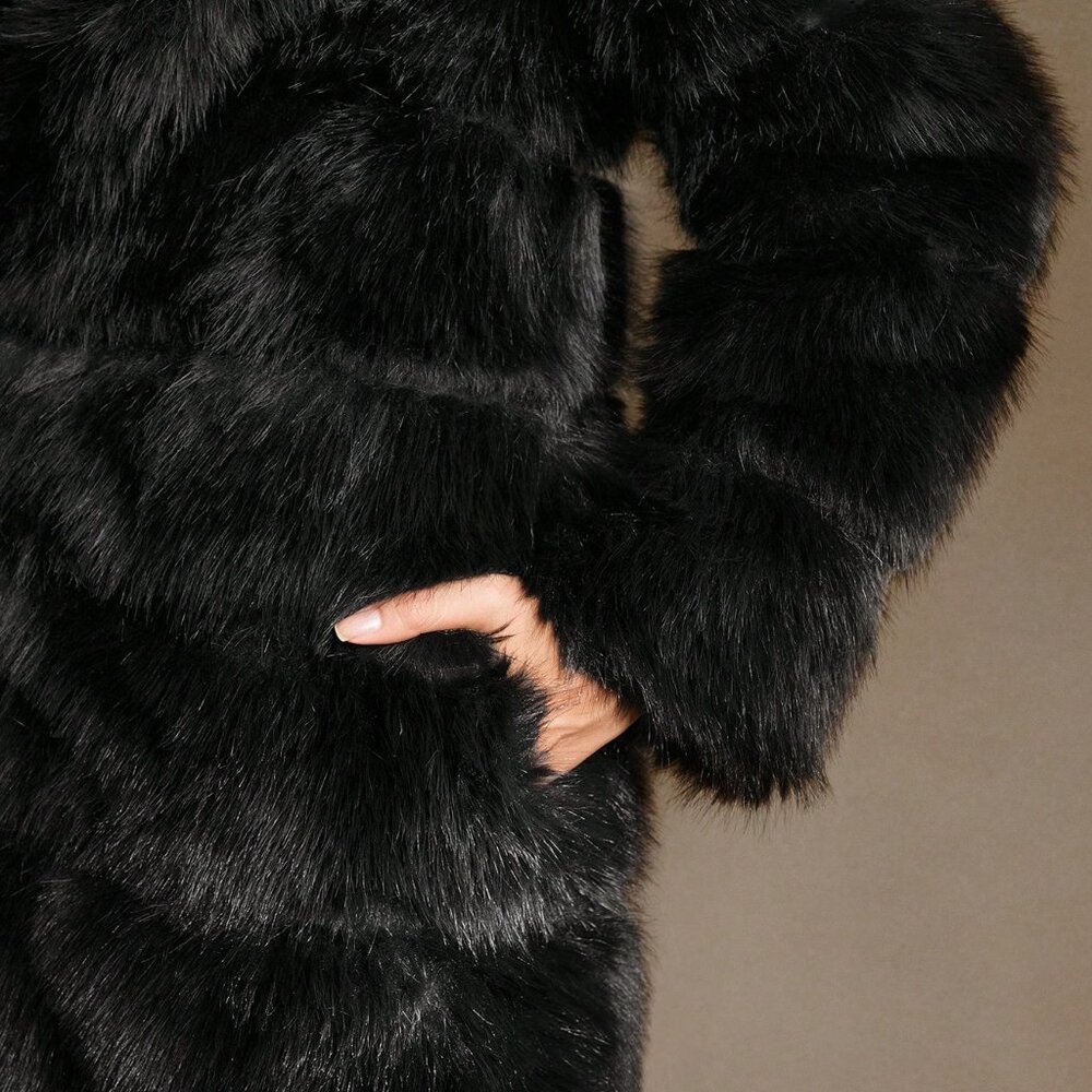 Black Casual Women's Elegant Fluffy Thickened Knee-Length Coat - Picture 5 of 8